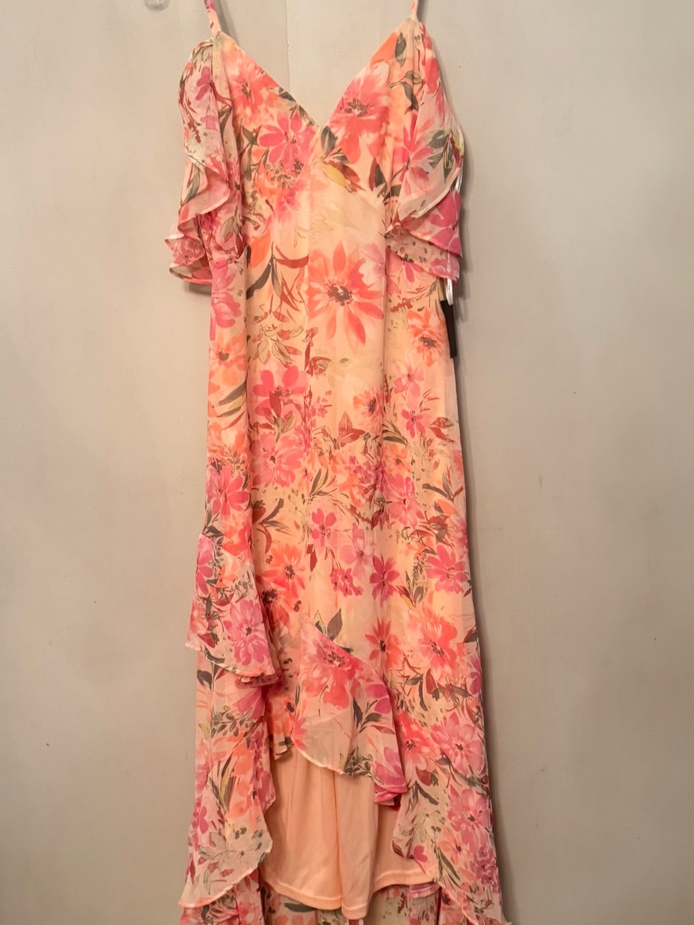 Lulu's Pink Floral Cold-Shoulder High-Low Maxi Dress - Picture 2 of 3